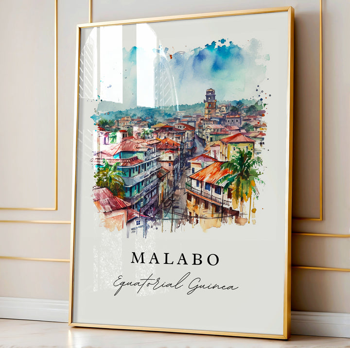 Malabo watercolor travel art - Equitorial Guinea, Malabo print, Wedding gift, Birthday present, Custom Text, Perfect Gift