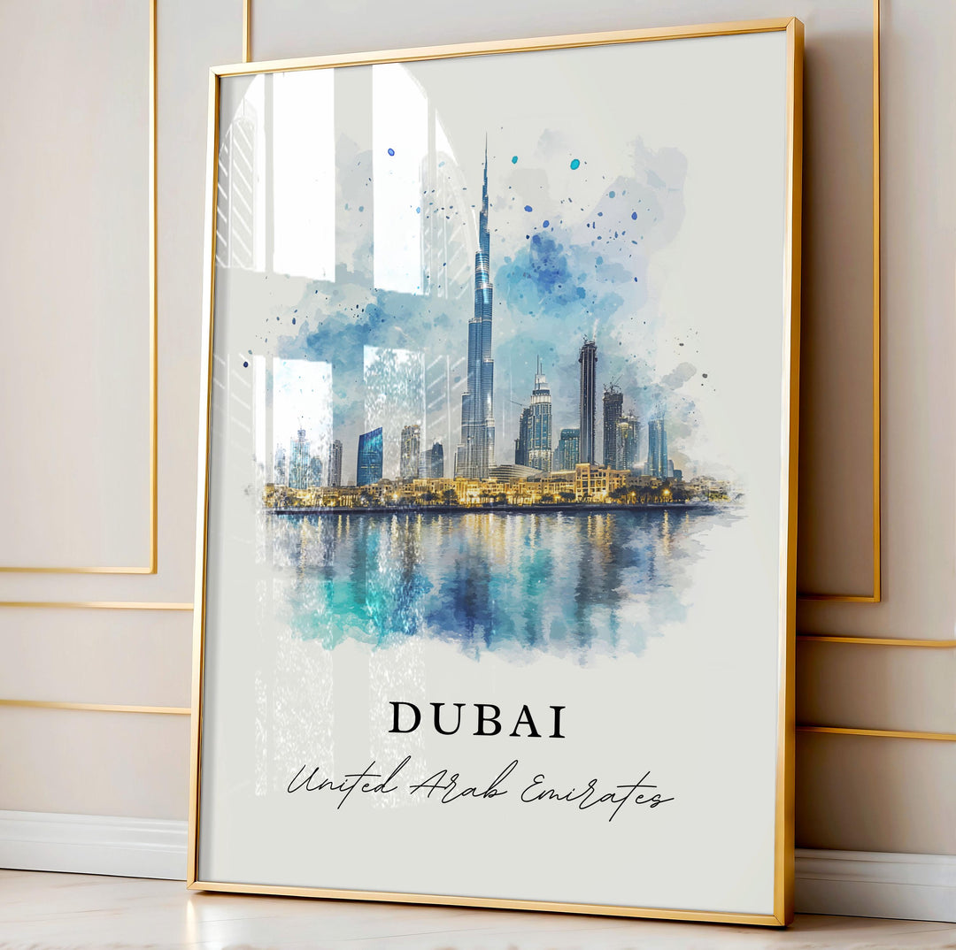 Dubai UAE Wall Art, Dubai Print, Dubai Skyline Watercolor Art, United Arab Emirates Art Gift, Travel Poster, Housewarming Gift