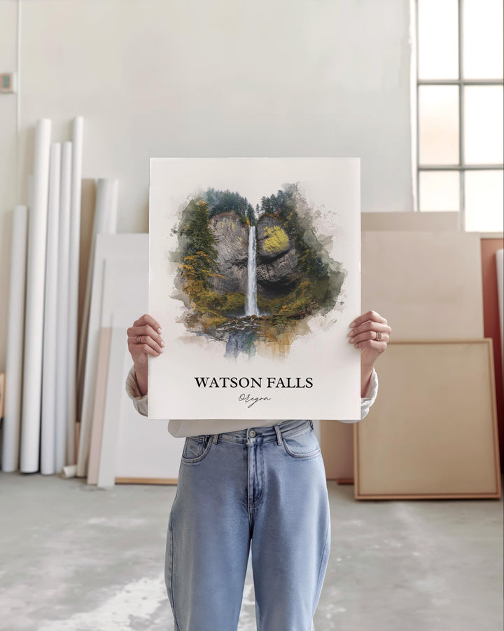 Watson Falls, Oregon, USA – Watercolor Art Print