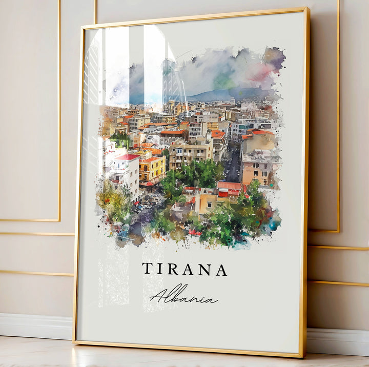 Tirana watercolor travel art - Albania, Tirana print, Wedding gift, Birthday present, Custom Text, Perfect Gift