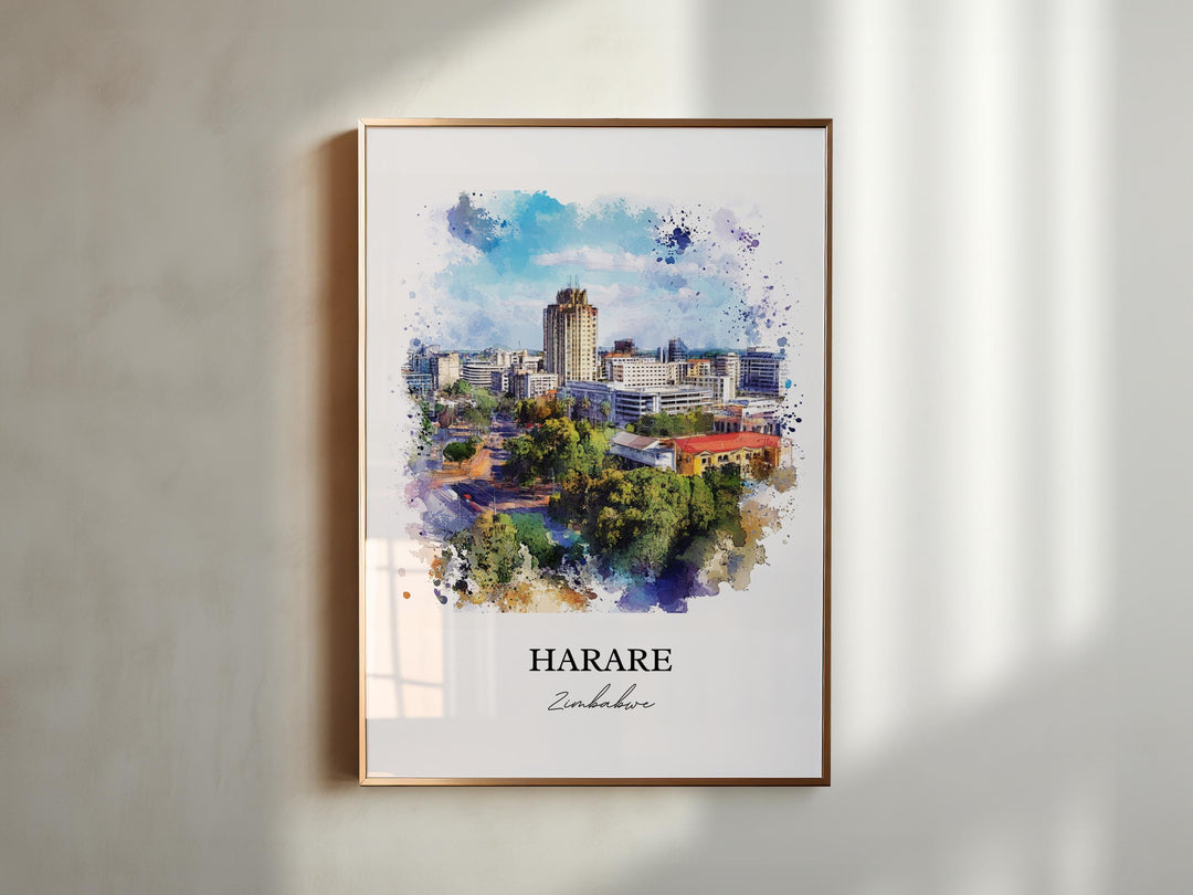 Harare Wall Art, Harare Print, Zimbabwe Watercolor Art, Harare Zimbabwe Gift, Travel Print, Travel Poster, Housewarming Gift