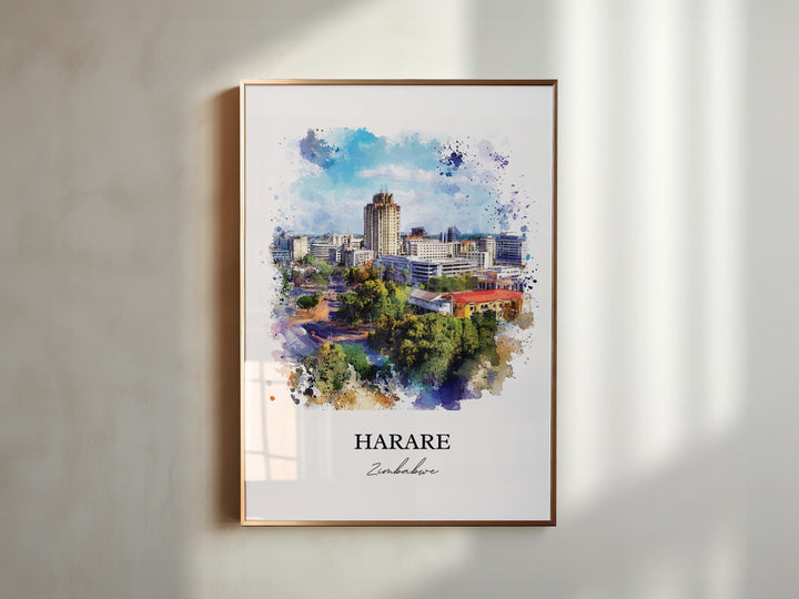 Harare Wall Art, Harare Print, Zimbabwe Watercolor Art, Harare Zimbabwe Gift, Travel Print, Travel Poster, Housewarming Gift