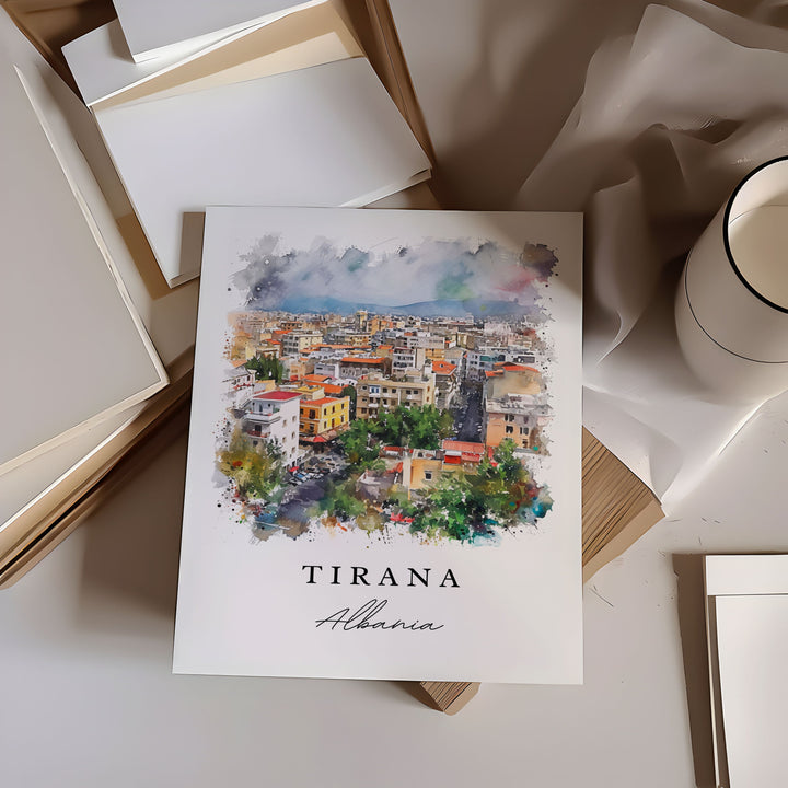 Tirana watercolor travel art - Albania, Tirana print, Wedding gift, Birthday present, Custom Text, Perfect Gift