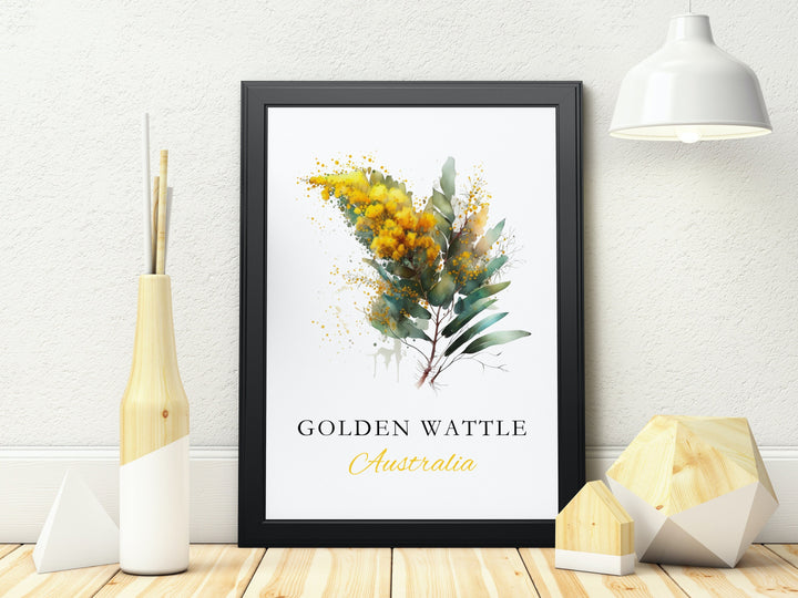 Golden Wattle Blooms: A Vibrant Watercolor Art of Australia's National Flower