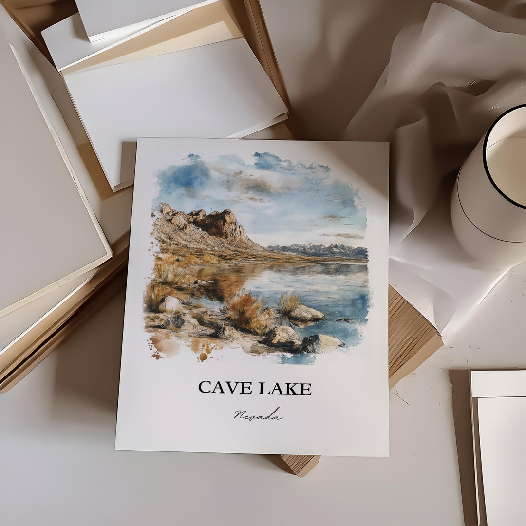 Cave Lake NV Wall Art, Nevada Print, Cave Lake Watercolor Art, Cave Lake Gift, Travel Print, Travel Poster, Housewarming Gift