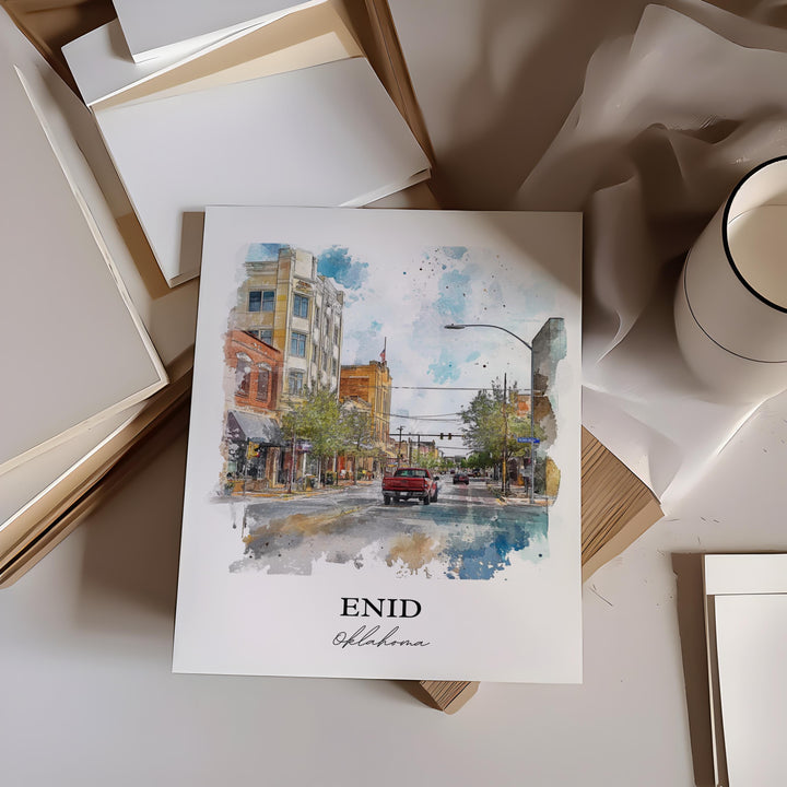 Enid Oklahoma Wall Art, Enid Print, Oklahoma Watercolor Art, Enid Oklahoma Gift, Travel Print, Travel Poster, Housewarming Gift