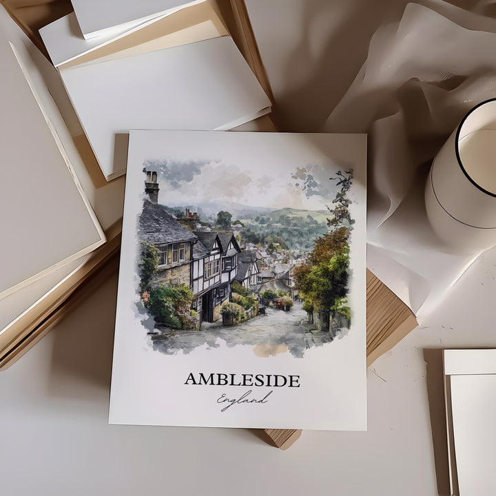 Ambleside Wall Art, Westmorland Print, England Watercolor Art, Ambleside England Gift, Travel Print, Travel Poster, Housewarming Gift
