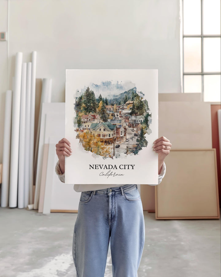 Nevada City Wall Art, Nevada County Print, California Watercolor Art, Nevada City CA Gift, Travel Print, Travel Poster, Housewarming Gift