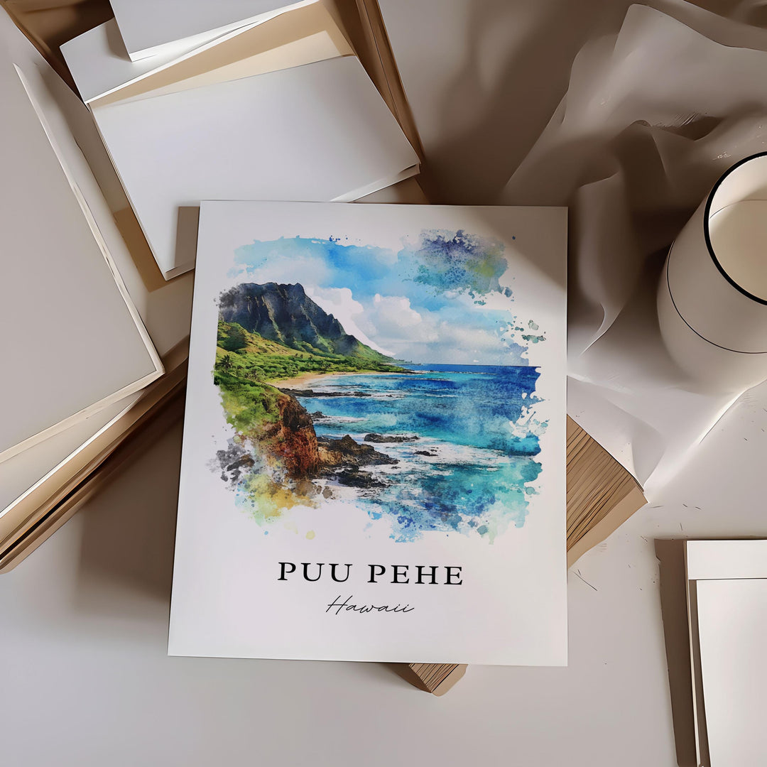 Puu Pehe HI Wall Art, Puu Pehe Print, Lanai Watercolor Art, Sweetheart Rock Gift, Travel Poster, Housewarming Gift