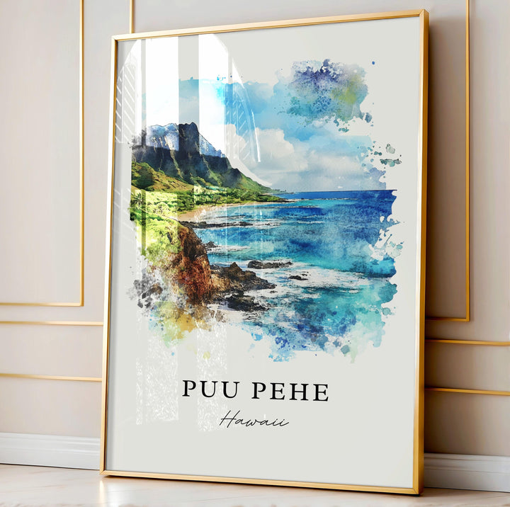 Puu Pehe HI Wall Art, Puu Pehe Print, Lanai Watercolor Art, Sweetheart Rock Gift, Travel Poster, Housewarming Gift