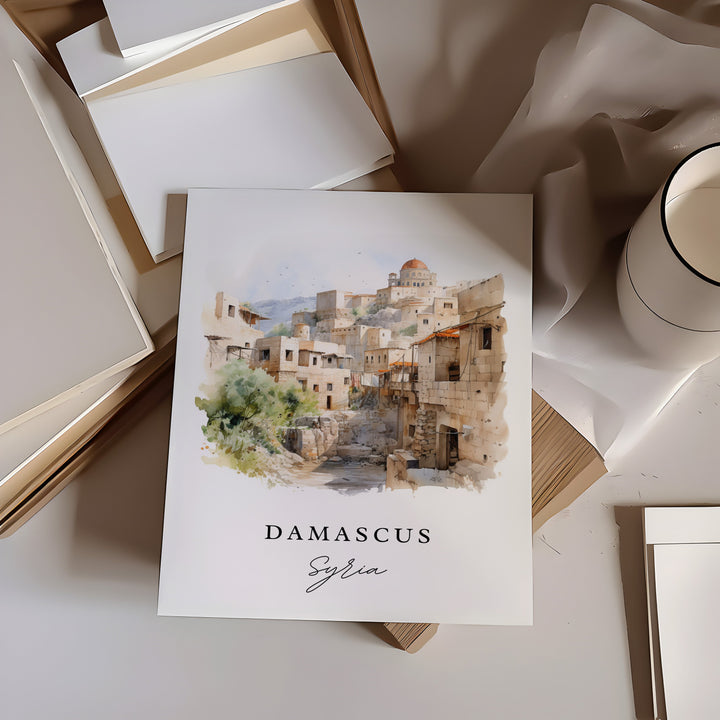 Damascus traditional travel art - Syria, Damascus poster, Wedding gift, Birthday present, Custom Text, Personalised Gift