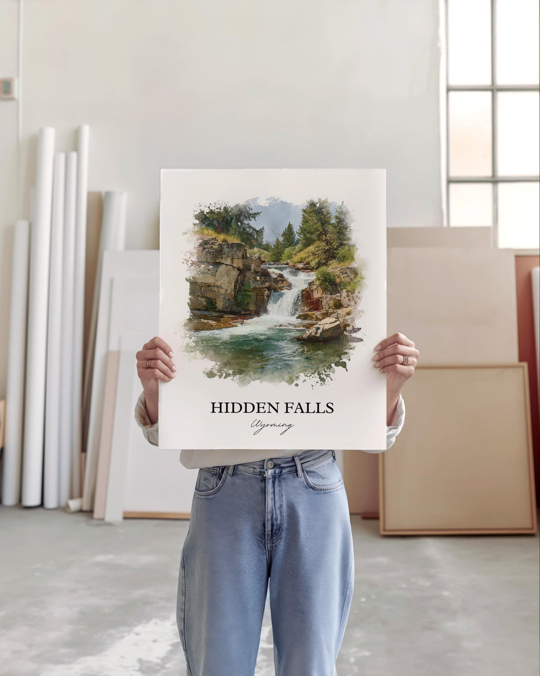 Hidden Falls Wall Art, Grand Tetons Print, Wyoming Watercolor Art, Hidden Falls Gift, Travel Print, Travel Poster, Housewarming Gift