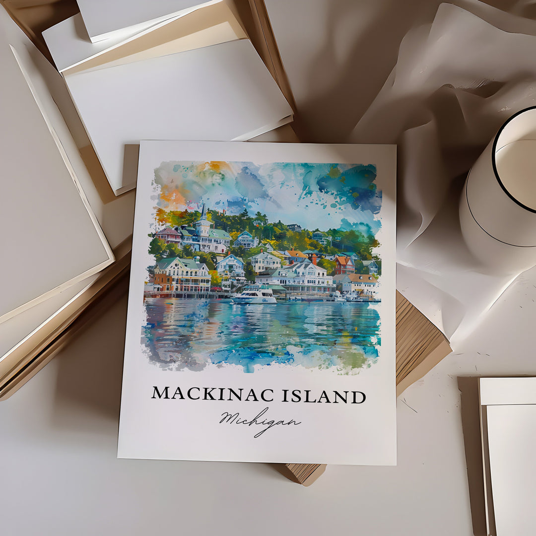 Mackinac Island Wall Art, Mackinac MI Print, Lake Huron Watercolor, Mackinac Island Gift, Travel Poster, Housewarming Gift
