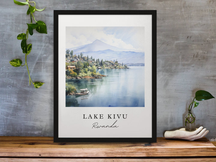 Lake Kivu traditional travel art - Rwanda, Lake Kivu poster, Wedding gift, Birthday present, Custom Text, Personalised Gift