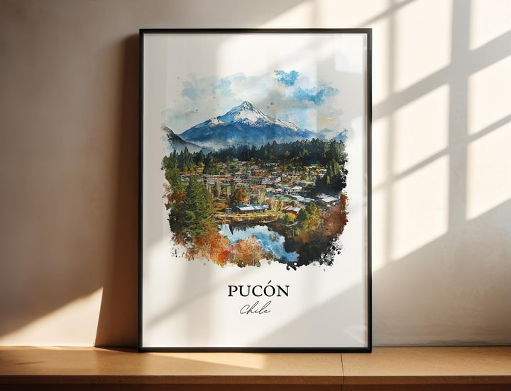 Pucón Chile Wall Art, Pucón Print, Lake Villarrica Watercolor Art, Pucón Chile Gift, Travel Print, Travel Poster, Housewarming Gift