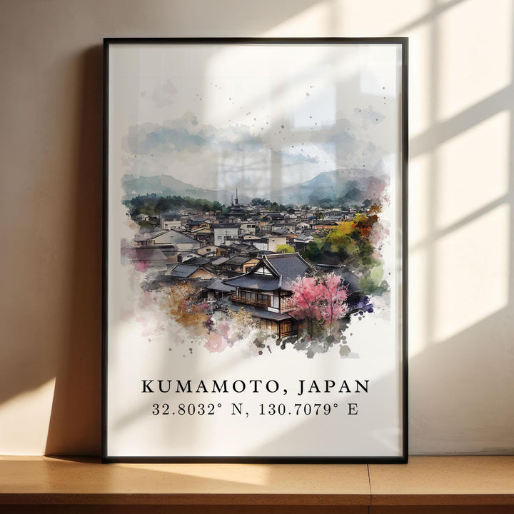 Kumamoto Wall Art, Kumamoto Print, Japan Watercolor Art, Kyushu Japan Gift,