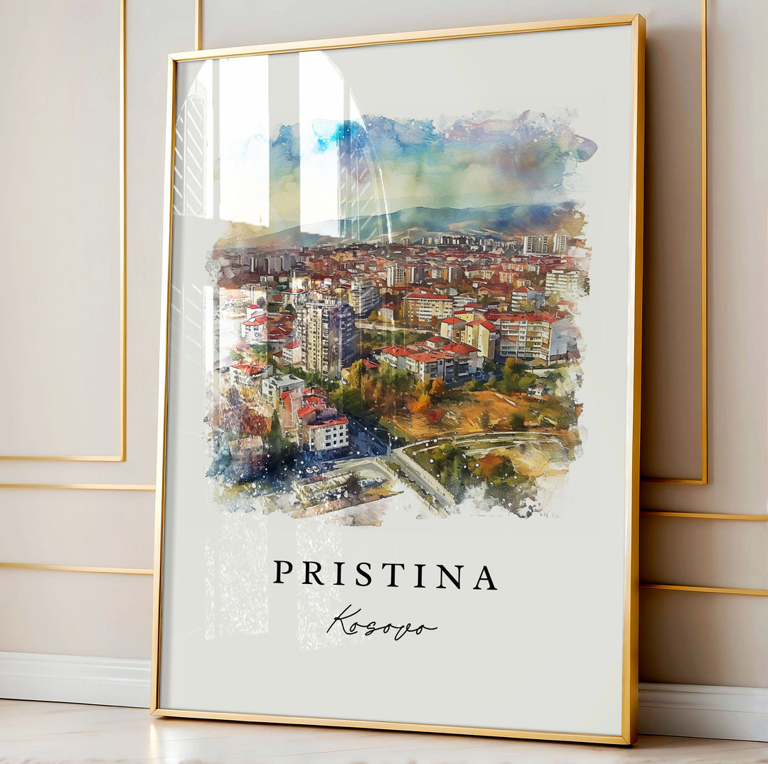 Pristina watercolor travel art - Kosovo, Pristina print, Wedding gift, Birthday present, Custom Text, Perfect Gift