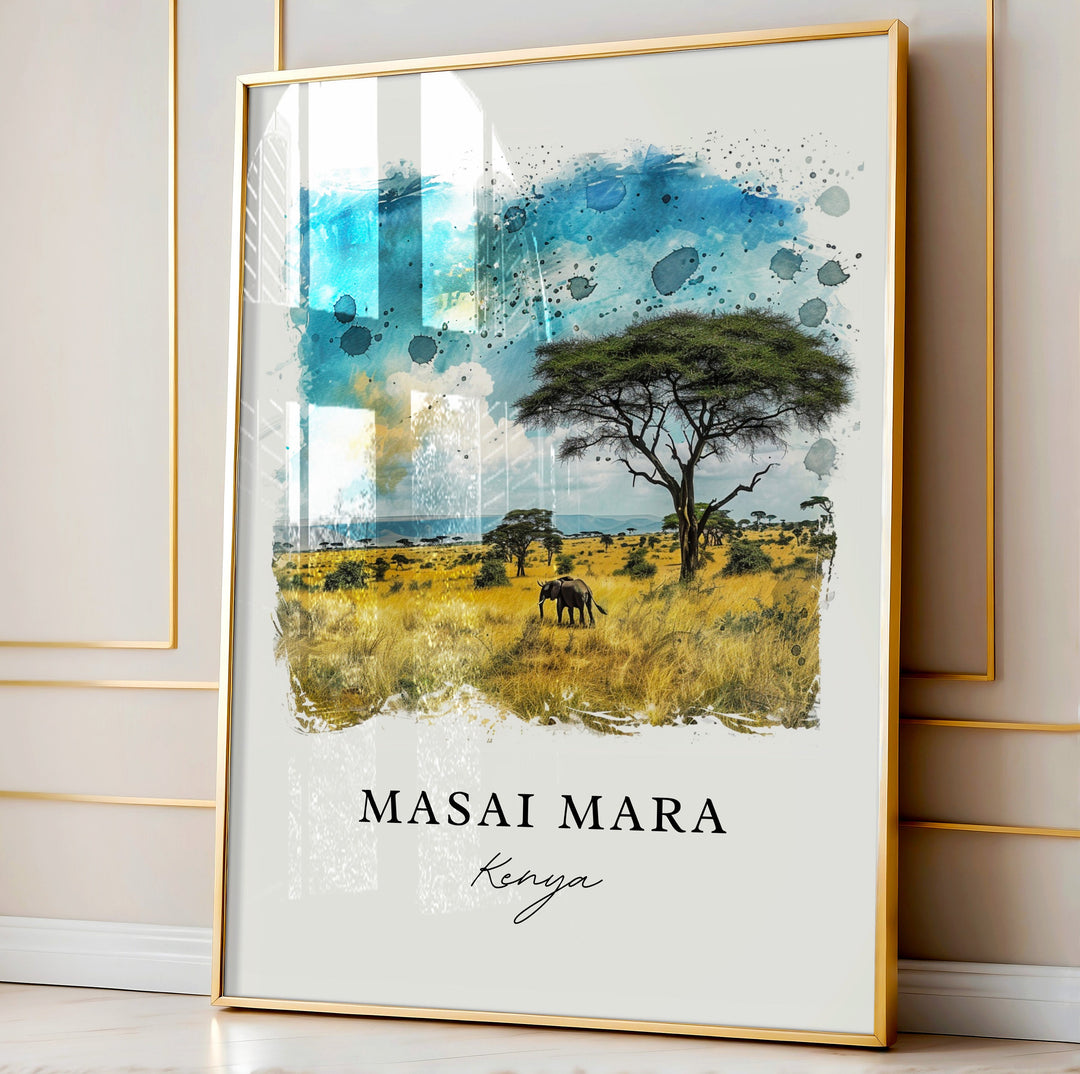 Masai Mara Wall Art, Masai Mara Kenya Print, Kenya Watercolor, Kenya Travel Gift,