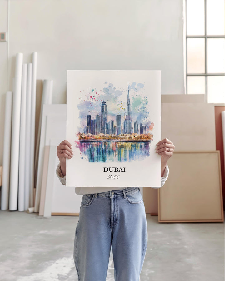 Dubai Wall Art, Dubai Skyline Print, Dubai Watercolor Art, United Arab Emirates Gift, Travel Print, Travel Poster, Housewarming Gift