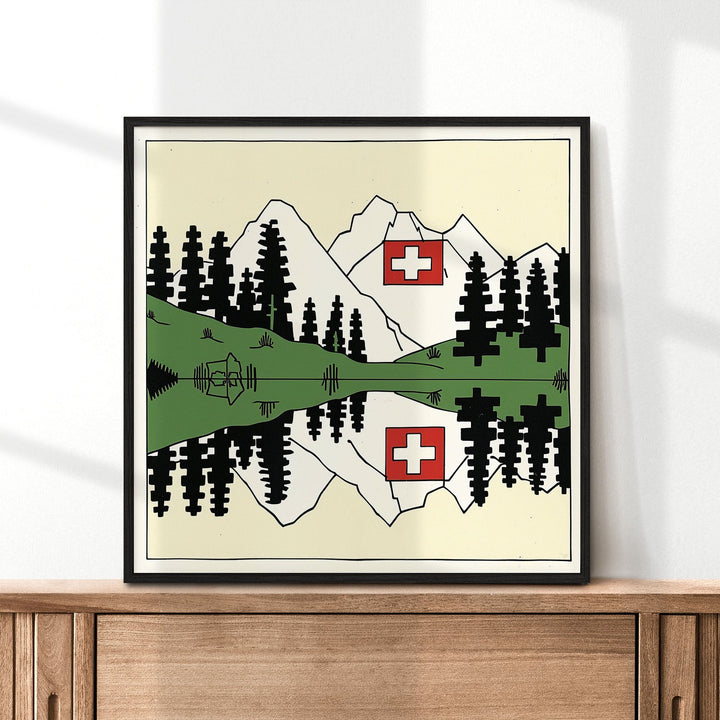 Modern Switzerland Art, Switzerland Print, Unique Switzerland Art, Swiss Flag and Scenery, Travel Poster, Housewarming Gift