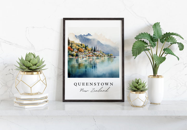 Queenstown traditional travel art - Australia, Queenstown poster, Wedding gift, Birthday present, Custom Text, Personalized Gift