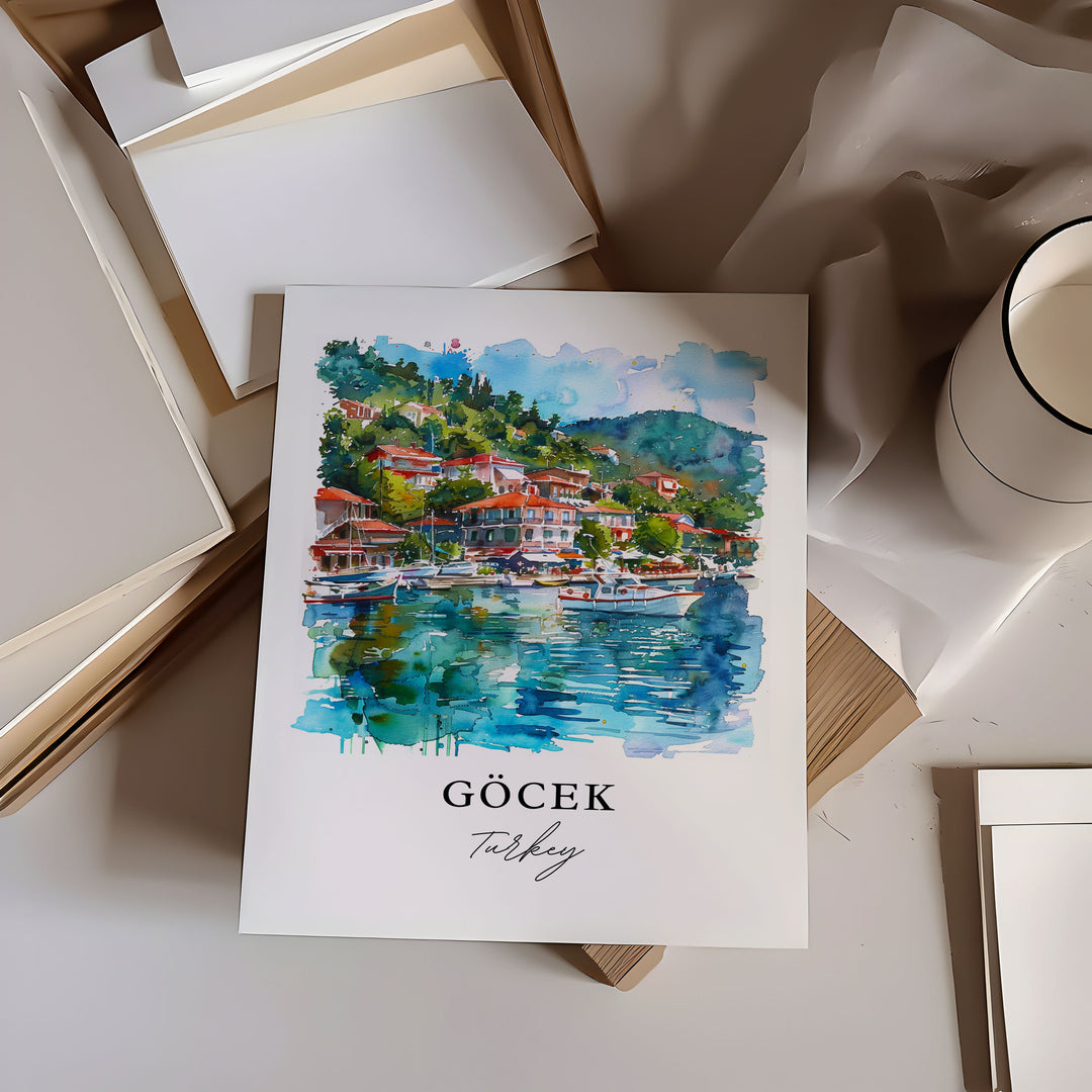 Gocek Turkey Art, Fethiye Turkey Print, Gocek Watercolor, Mugla Province Gift,