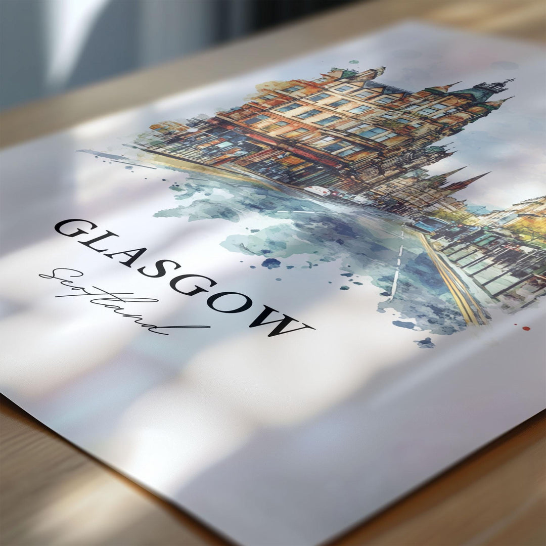 Glasgow Wall Art, Glasgow Scotland Print, Scotland Watercolor Art, Glasgow Scotland Gift, Travel Print, Travel Poster, Housewarming Gift