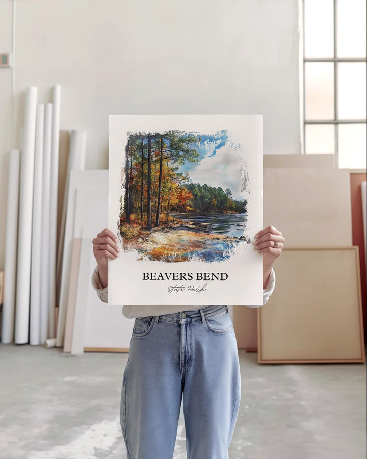 Beavers Bend Park Art, McCurtain County Print, Oklahoma Watercolor Art, Beavers Bend OK Gift, Travel Print, Travel Poster, Housewarming Gift
