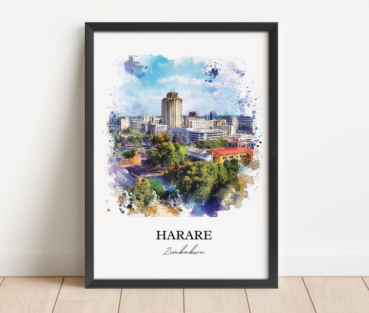 Harare Wall Art, Harare Print, Zimbabwe Watercolor Art, Harare Zimbabwe Gift, Travel Print, Travel Poster, Housewarming Gift