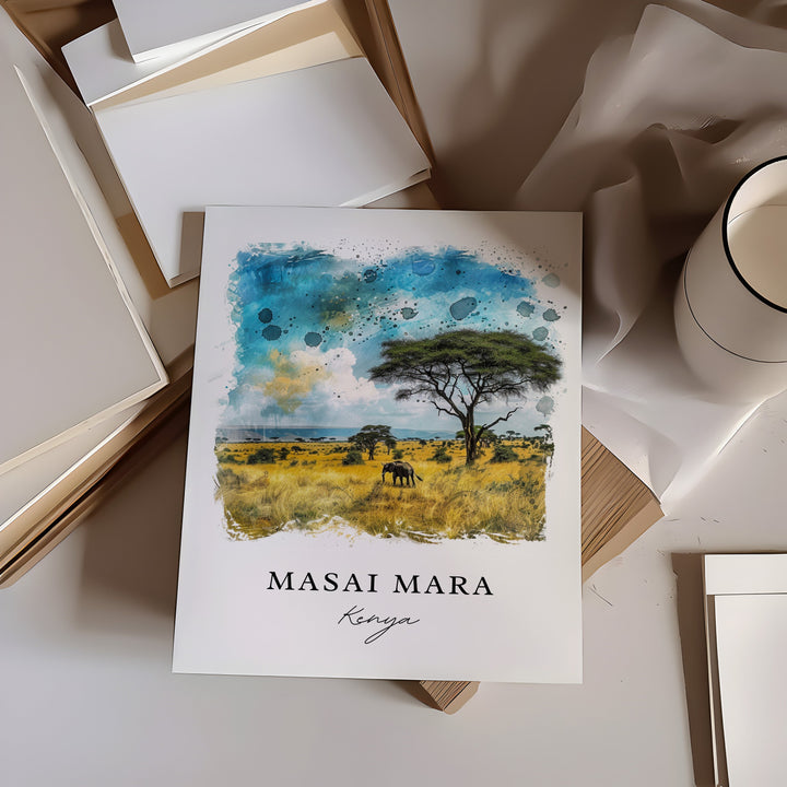 Masai Mara Wall Art, Masai Mara Kenya Print, Kenya Watercolor, Kenya Travel Gift,