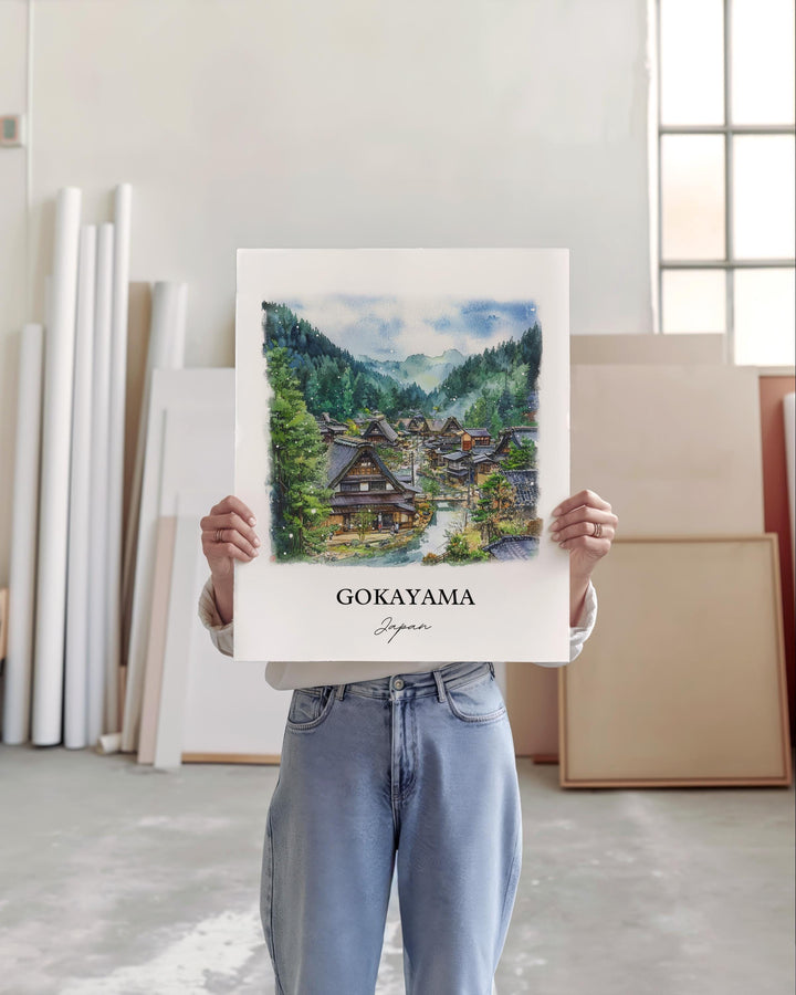 Gokayama Wall Art, Shogawa River Valley Print, Japan Watercolor Art, Gokayama Japan Gift, Travel Print, Travel Poster, Housewarming Gift