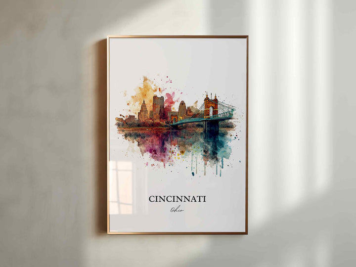 Cincinnati OH Wall Art, Cincinnati Print, Cincinnati Watercolor Art, Cincinnati Skyline Gift, Travel Print, Travel Poster, Housewarming Gift