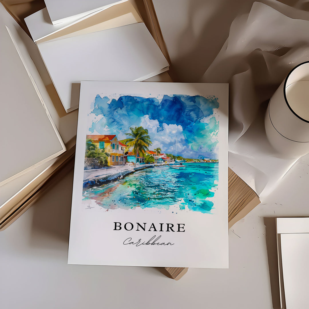 Bonaire Caribbean Wall Art, Bonaire Print, Bonaire Watercolor Art, Bonaire Caribbean Gift, Travel Poster, Housewarming Gift