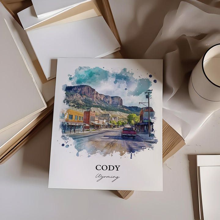 Cody Wyoming Wall Art, Cody WY Print, Yellowstone Watercolor Art, Cody WY Gift, Travel Print, Travel Poster, Housewarming Gift