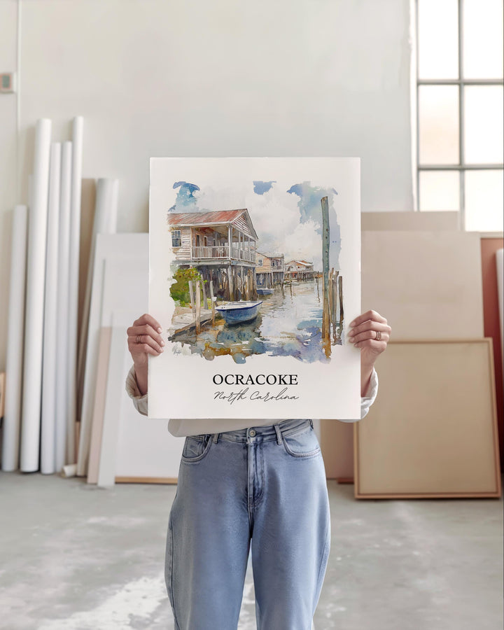 Ocracoke NC Wall Art, Outer Banks Print, Outer Banks NC Watercolor Art, Ocracoke Gift, Travel Print, Travel Poster, Housewarming Gift