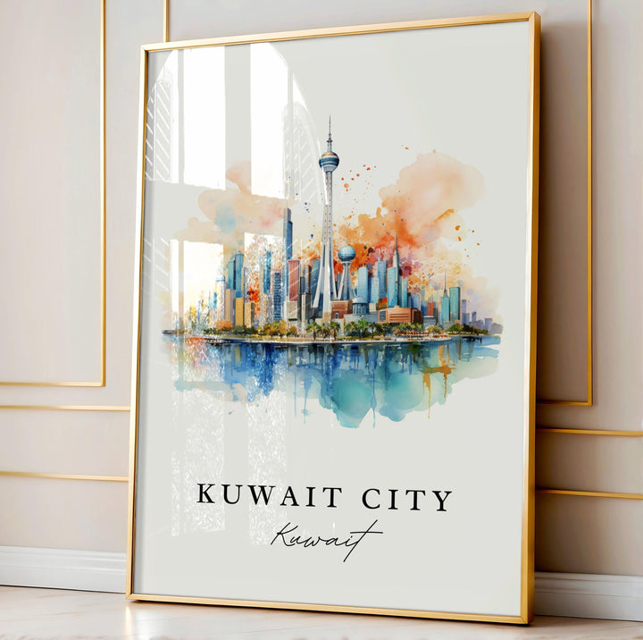 Kuwait City traditional travel art - Middle East, Kuwait poster, Wedding gift, Birthday present, Custom Text, Personalized Gift