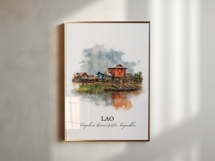Lao Wall Art, Lao Print, Lao Country Watercolor Art, Lao Gift, Travel Print, Travel Poster, Housewarming Gift