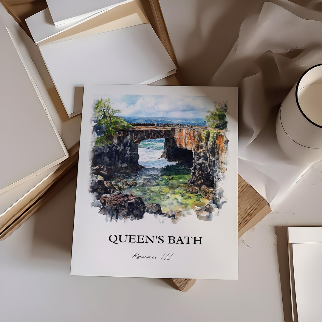 Queens Bath Wall Art, Kauai Print, Princeville HI Watercolor Art, Queens Bath Gift, Travel Print, Travel Poster, Housewarming Gift
