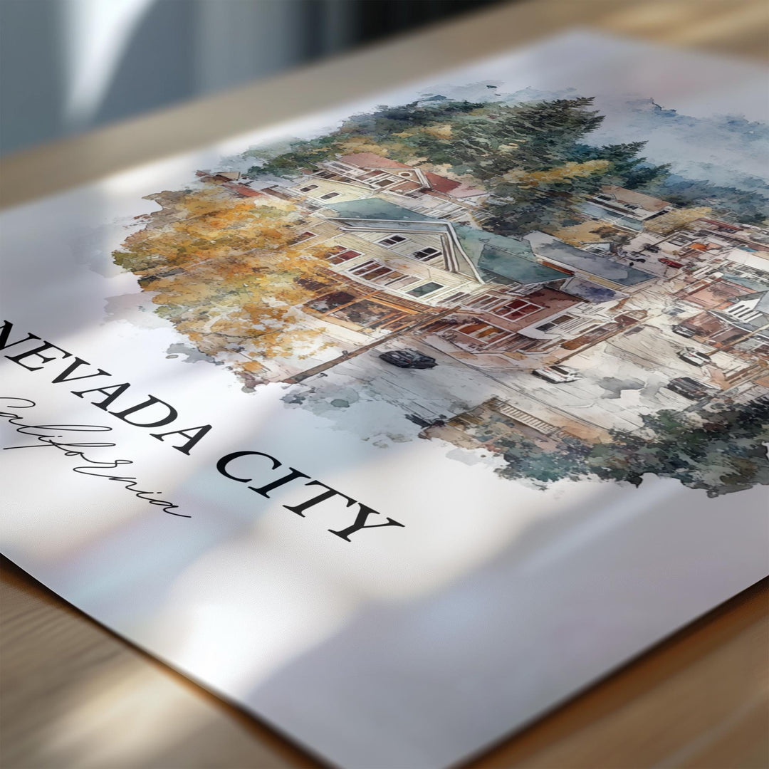 Nevada City Wall Art, Nevada County Print, California Watercolor Art, Nevada City CA Gift, Travel Print, Travel Poster, Housewarming Gift