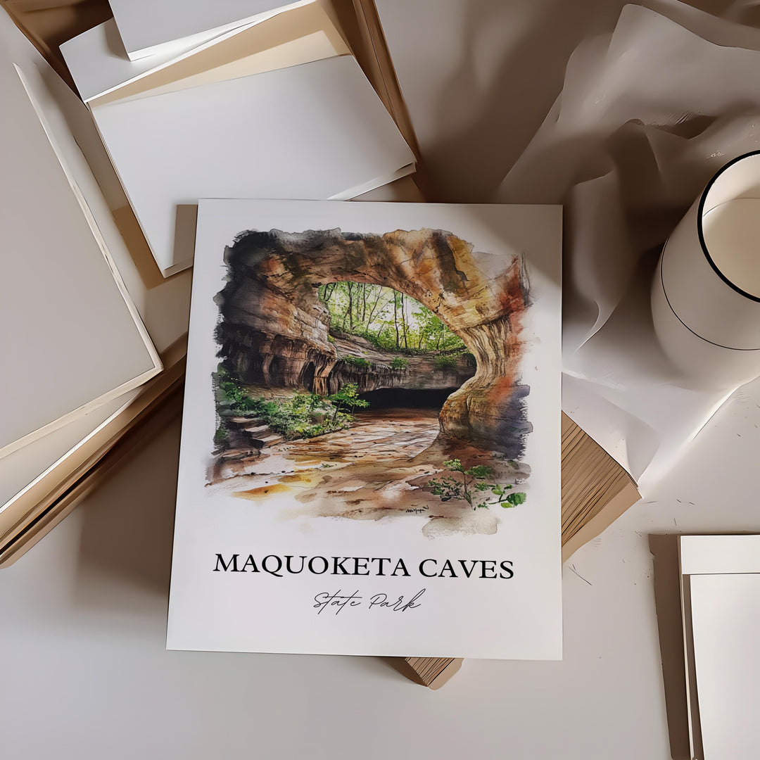 Maquoketa Caves Wall Art, Jackson County Print, Iowa Watercolor Art, Maquoketa Caves Gift, Travel Print, Travel Poster, Housewarming Gift