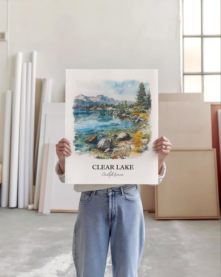 Clear Lake CA Wall Art, Napa County Print, California Watercolor Art, Clear Lake Gift, Travel Print, Travel Poster, Housewarming Gift