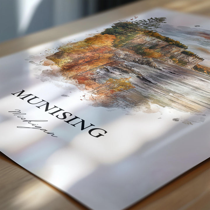 Munising MI Wall Art, Munising MI Print, Wagner Falls Watercolor Art, Munising Michigan Gift, Travel Print, Travel Poster, Housewarming Gift