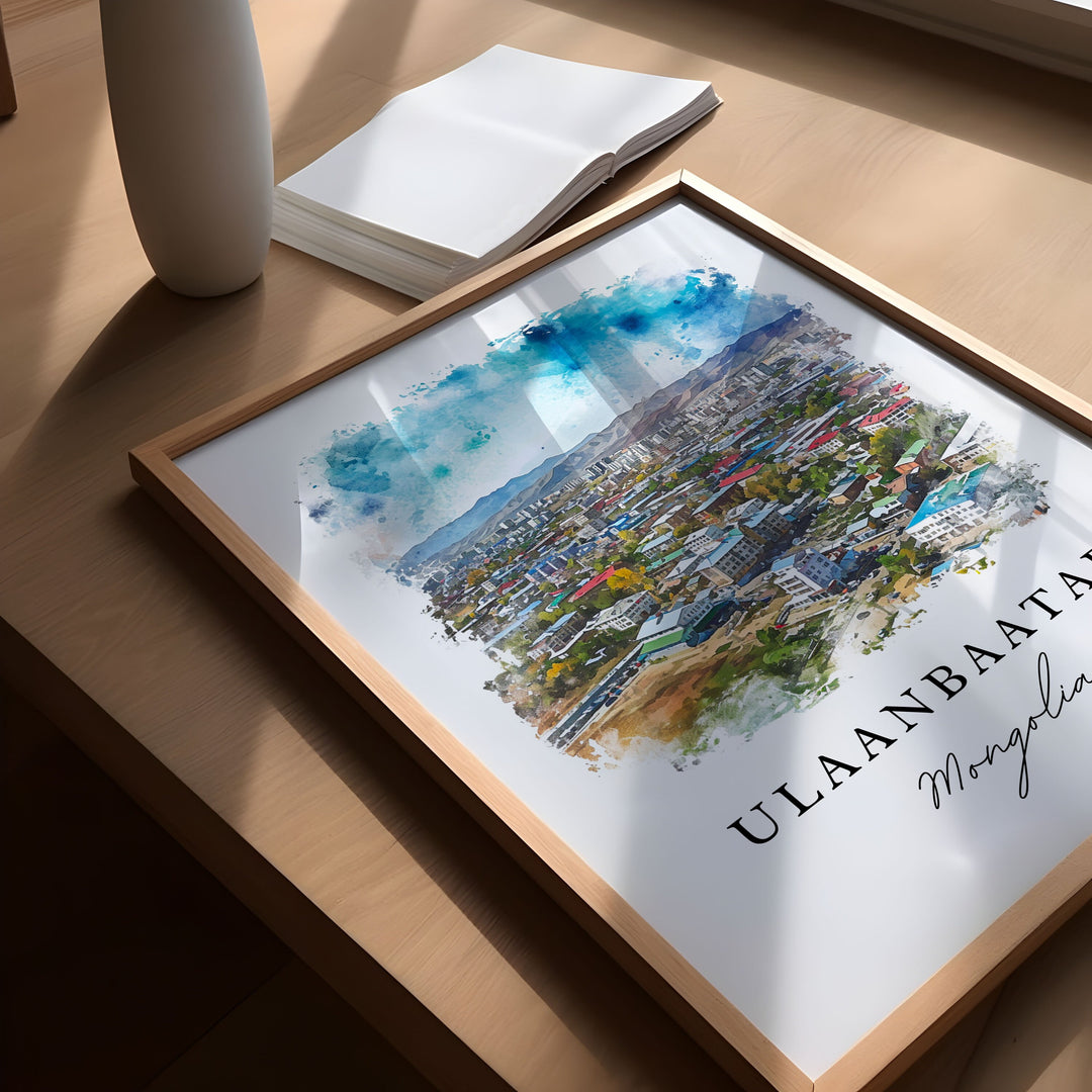 Ulaanbaatar watercolor travel art - Mongolia, Ulaanbatar print, Wedding gift, Birthday present, Custom Text, Perfect Gift