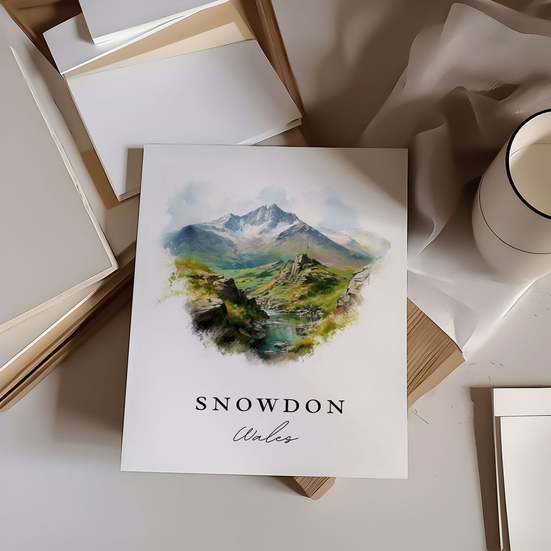 Snowdon traditional travel art - Wales, Snowdon poster print, Wedding gift, Birthday present, Custom Text, Perfect Gift