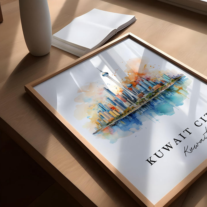 Kuwait City traditional travel art - Middle East, Kuwait poster, Wedding gift, Birthday present, Custom Text, Personalized Gift