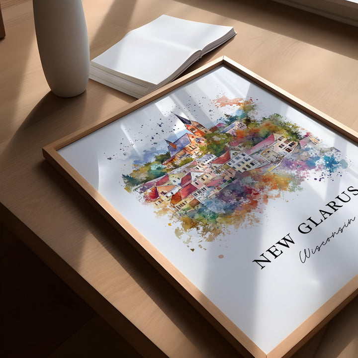 New Glarus WI Wall Art, New Glarus Print, New Glarus Watercolor Art, Green County WI Gift, Travel Poster, Housewarming Gift