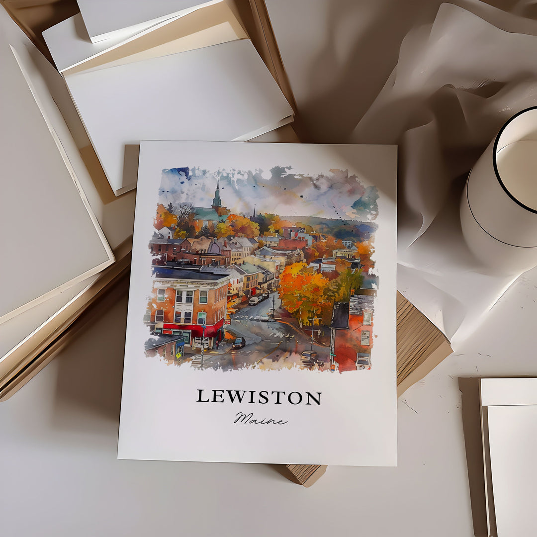 Lewiston Maine Wall Art, Lewiston Print, Lewiston ME Watercolor, Lewiston Maine Gift, Travel Poster, Housewarming Gift