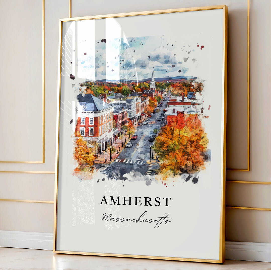 Amherst MA Wall Art, Amherst Print, Amherst Watercolor Art, Amherst Massachusetts Gift, Travel Poster, Housewarming Gift
