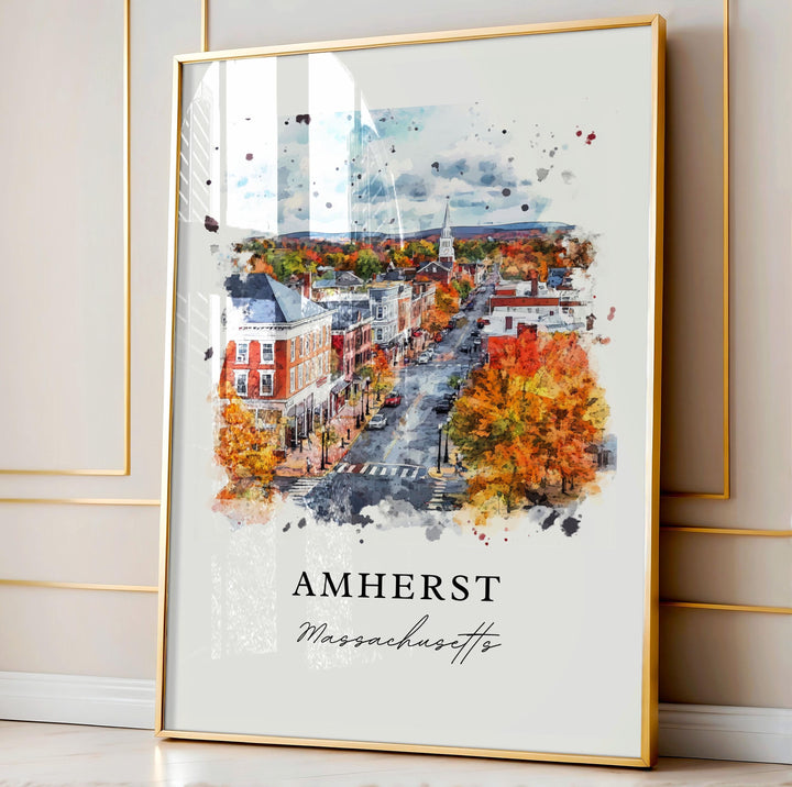 Amherst MA Wall Art, Amherst Print, Amherst Watercolor Art, Amherst Massachusetts Gift, Travel Poster, Housewarming Gift