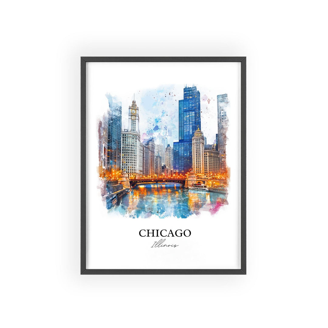 Chicago IL Wall Art, Chicago Skyline Print, Chicago River Watercolor Art, Chicago Gift, Travel Print, Travel Poster, Housewarming Gift
